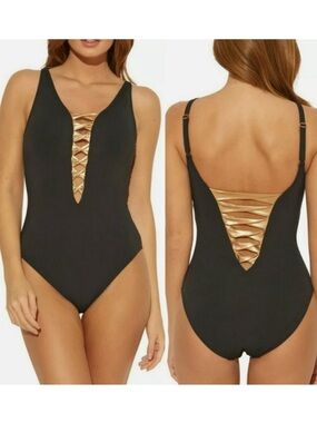 Bleu Rod Beattie Twister One Piece Swimsuit in Black/Rose Gold SZ 6 NWT